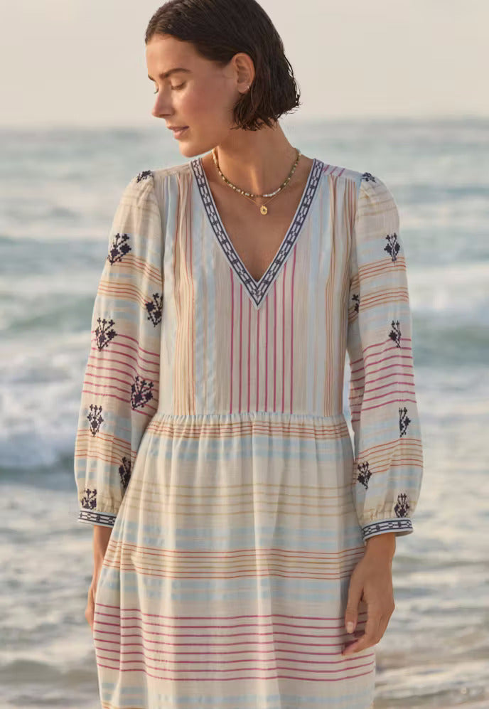 Embroidered striped dress Fine cotton